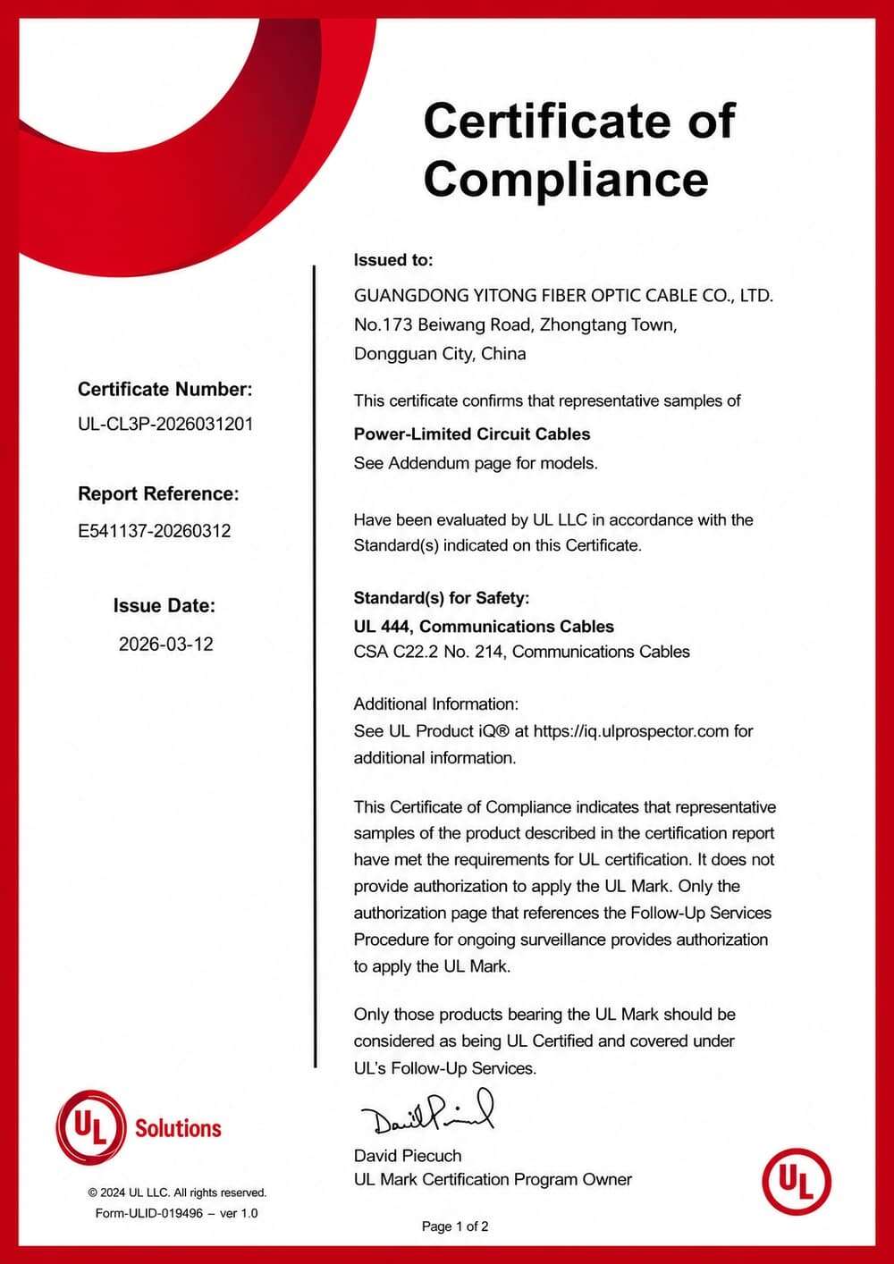 Certificate Of Compliance Yitofc